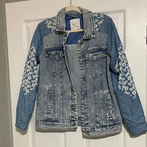 Avec Les Filles Blue Jean Jacket with White Floral Design